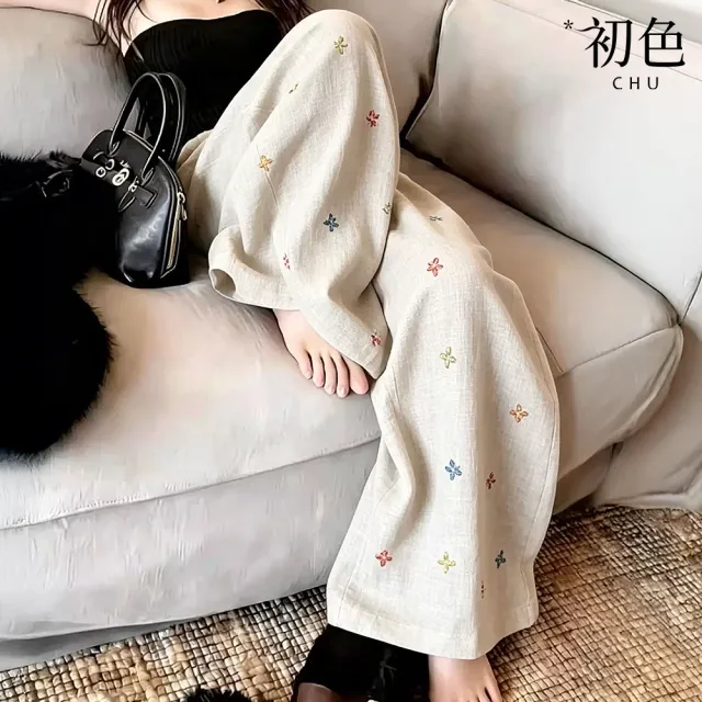 【初色】亞麻風純色高腰肌理感小花圖案闊腿褲休閒褲寬褲長褲-共2色-52353(M-XL可選)