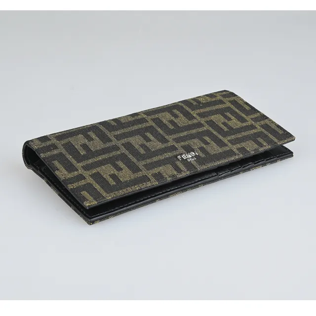 【FENDI 芬迪】FENDI銀字LOGO顛倒F帆布12卡對折拉鍊長夾