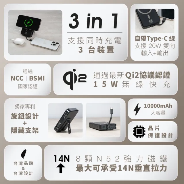 【WEILIFE】Rush Cubie Qi2 10000mAh 15W磁吸無線充行動電源(MagSafe/自帶線/隱藏式支架/可上飛機)