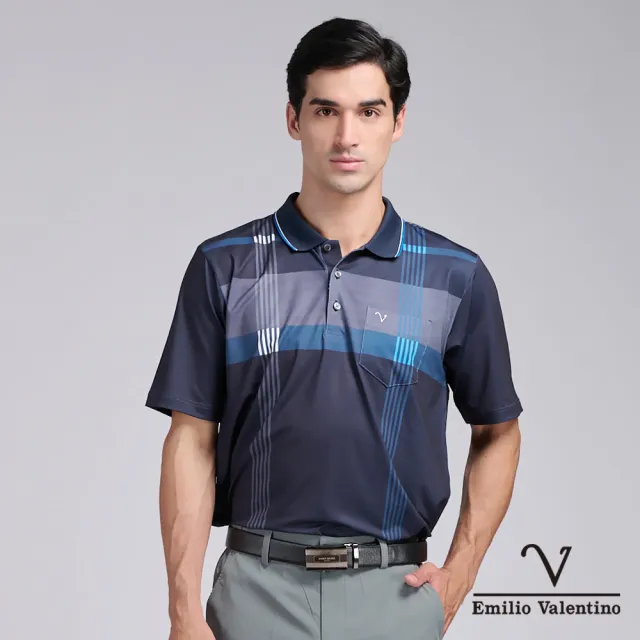 【Emilio Valentino 范倫鐵諾】男上衣 短袖POLO衫 吸濕排汗印花 口袋POLO 台灣製_藍(66-6V0118)