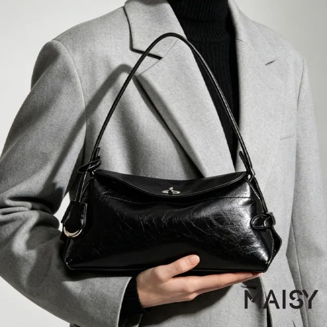 【MAISY】個性時尚法式質感裂紋光澤腋下包 單肩包 斜跨包(白色 / 酒紅色 / 黑色)