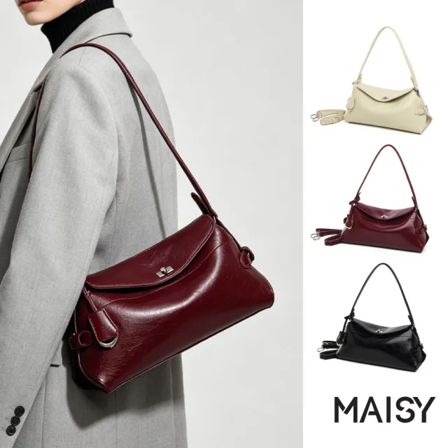 【MAISY】個性時尚法式質感裂紋光澤腋下包 單肩包 斜跨包(白色 / 酒紅色 / 黑色)