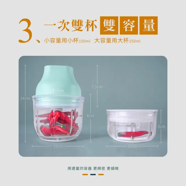 【Arlink】多功能電動食物調理機 玻璃雙杯雙刃不殘留異味 (切蒜器/絞肉機/搗蒜器/生熟食分開不串味)