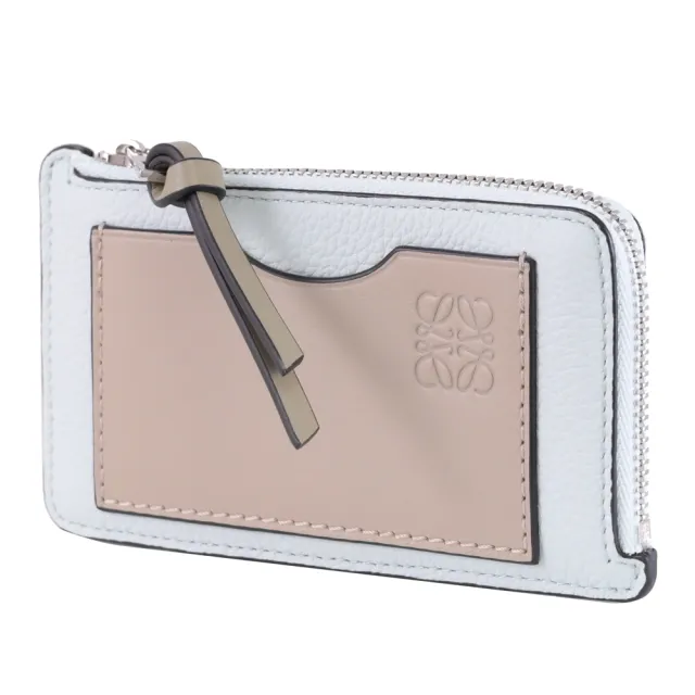 【LOEWE 羅威】經典烙印LOGO撞色牛皮信用卡證件零錢包(淺藍綠)