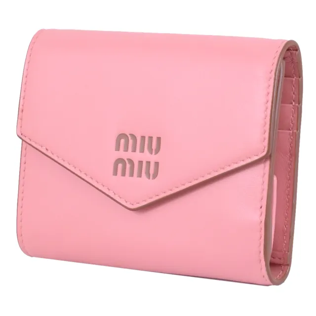 【MIU MIU】簡約LOGO壓印信封開合三折零錢短夾(粉)
