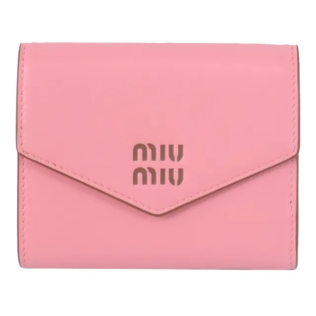 【MIU MIU】簡約LOGO壓印信封開合三折零錢短夾(粉)
