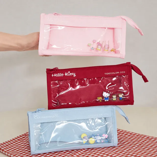 【SANRIO 三麗鷗】大容量透明多功能文具袋-凱蒂貓/大耳狗/美樂蒂/布丁狗(雙面透明/分層收納/鉛筆盒)