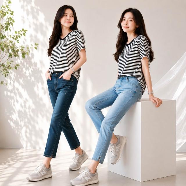 【Amore】顯瘦彈力修身八分開衩涼爽牛仔褲2色