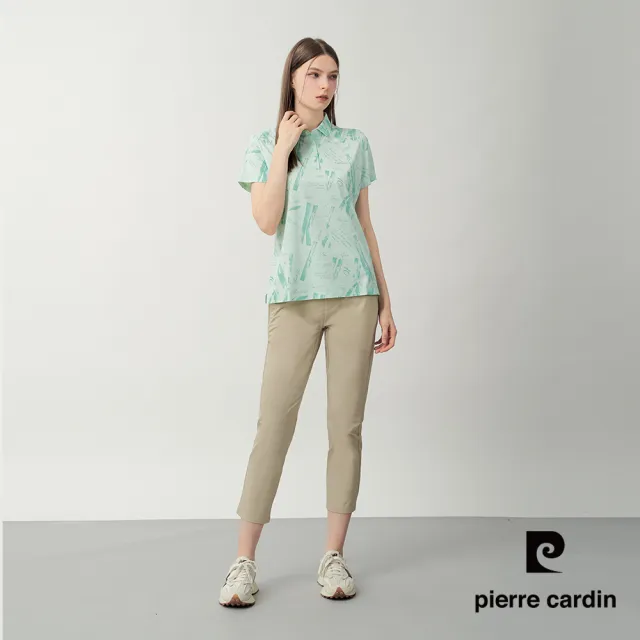 【pierre cardin 皮爾卡登】休閒服飾 女款 無痕涼感印花短袖POLO衫-淺綠色(6267254-42)
