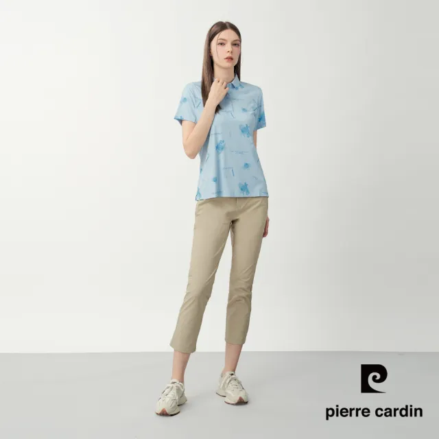 【pierre cardin 皮爾卡登】休閒服飾 女款 無痕涼感印花短袖POLO衫-水藍色(6267253-33)