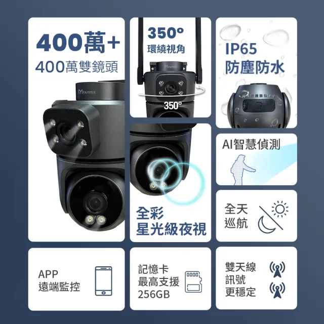 【FAMMIX 菲米斯】800萬雙鏡頭全彩無線戶外監視攝影機D4(全彩夜視/IP65防水/全景拍攝)