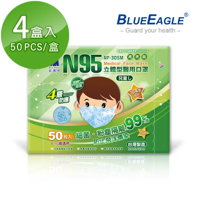【藍鷹牌】N95立體型6-10歲兒童醫用口罩4盒 50片/盒(藍/綠/粉)