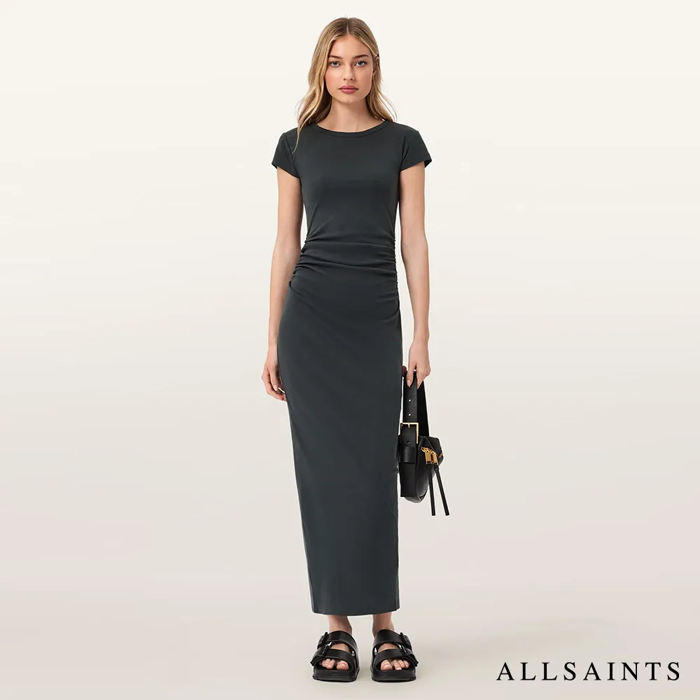 【ALLSAINTS】KATARINA 彈性抽皺開岔長洋裝-灰藍 W386DC(修身版型)