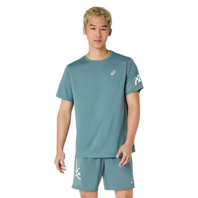 【asics 亞瑟士】短袖上衣 男 訓練 慢跑 ICON 藍綠 2011D458-402