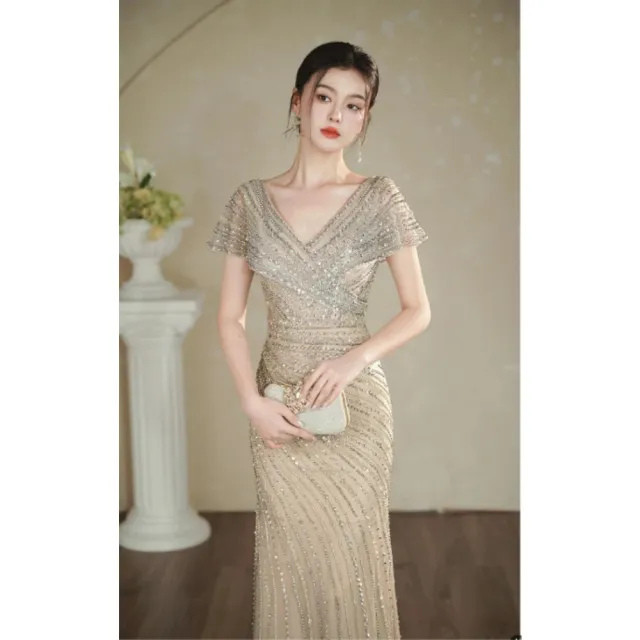 【女神婚紗禮服】輕奢優雅鑽飾亮片透紗落肩無袖V領魚尾晚禮服PLGZ-0229銀灰色(派對宴會敬酒 拉鍊款晚禮服)