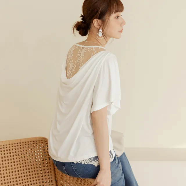【OB 嚴選】莫代爾蕾絲拼接後領垂墜短袖上衣 《AB21301-》 適 M~XL