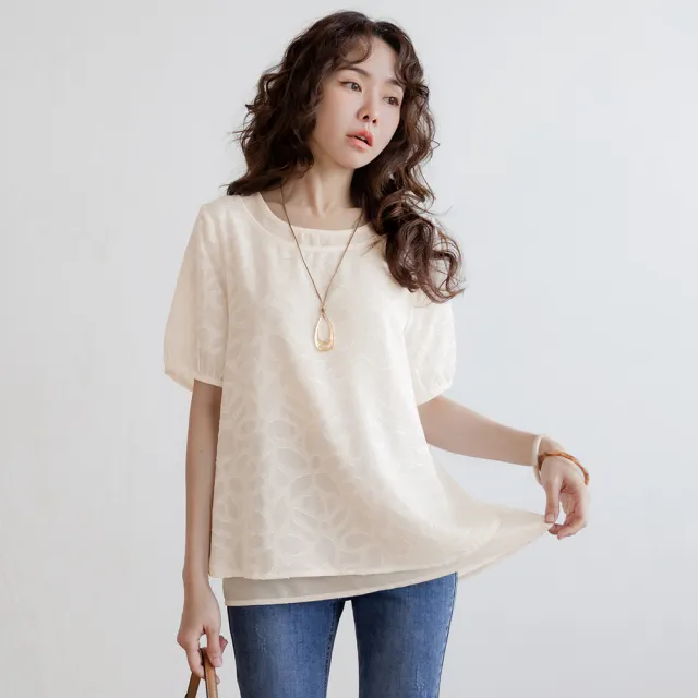 【OB 嚴選】不易皺假兩件拼接緹花雪紡澎袖上衣 《AB21392-》 適 M~XL