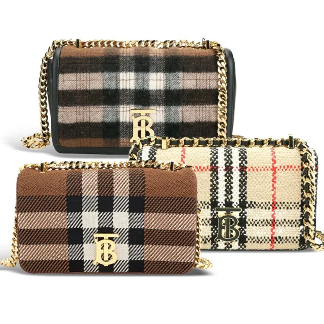 【BURBERRY 巴寶莉】Lola TB字母 針織格紋羊皮翻蓋包(多款)