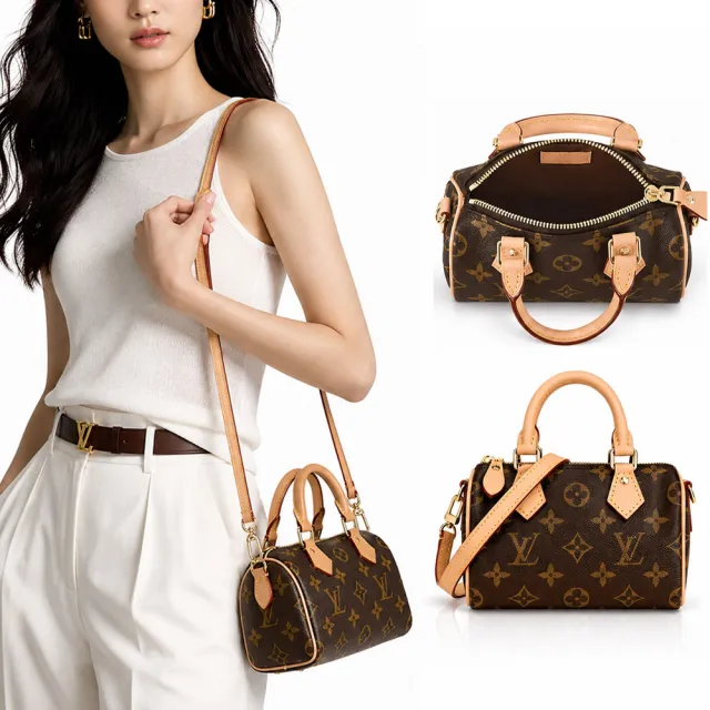 【Louis Vuitton 路易威登】M81085 經典 NANO SPEEDY帆布手提/斜背波士頓包(卡其)