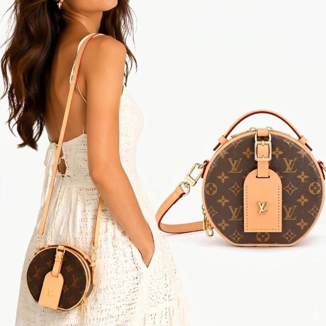 【Louis Vuitton 路易威登】M44699 Mini Boite Chapeau 帆布印花皮革吊牌迷你圓形斜背包(卡其棕)