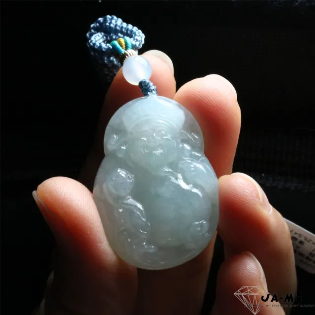 【JA-ME】天然A貨翡翠 淡果綠飄花財神爺項鍊