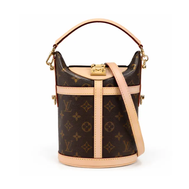 【Louis Vuitton 路易威登】M43587 Duffle 帆布印花S鎖扣牛皮鑲飾手提肩背水桶包(卡其棕)