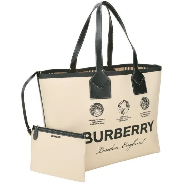 【BURBERRY 巴寶莉】London 大款 標籤印花棉質拼小牛皮托特包(附萬用包/米杏色)