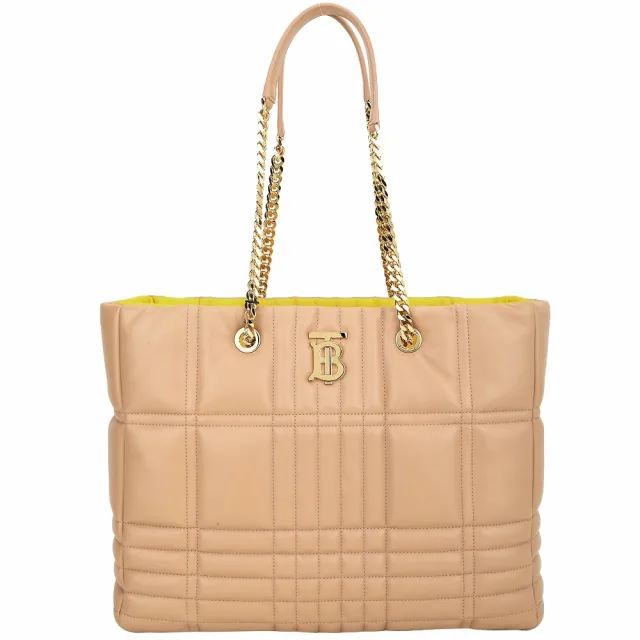【BURBERRY 巴寶莉】Lola 中款 TB 縫線羊皮鍊帶肩背托特包(駝色)