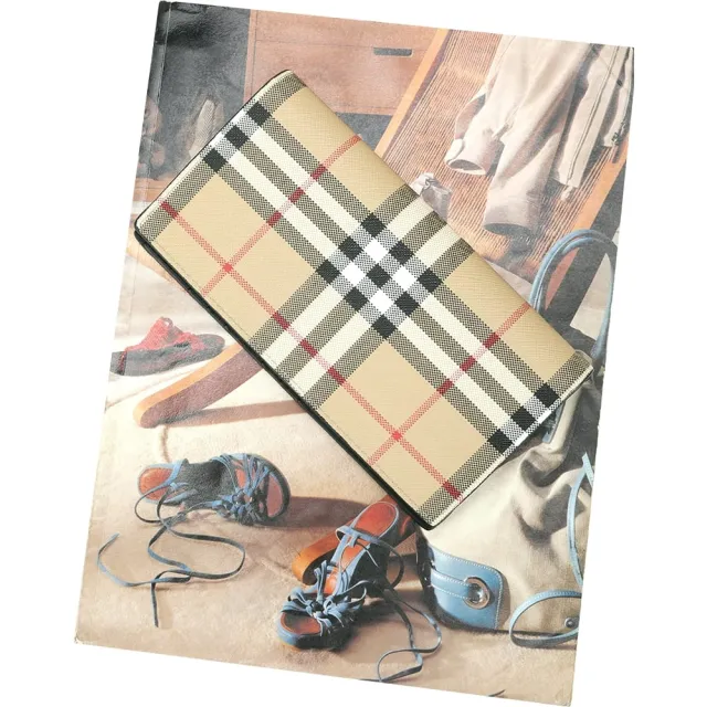 【BURBERRY 巴寶莉】Vintage 格紋PVC小牛皮襯裡對折長夾(典藏米)