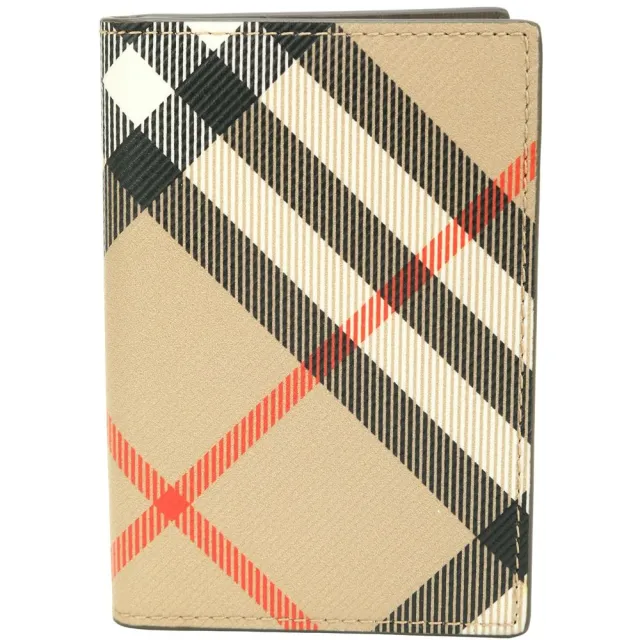 【BURBERRY 巴寶莉】格紋塗層羊皮對折卡夾 萬用包(卡其色)