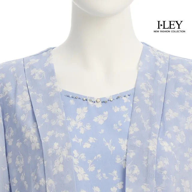 【ILEY 伊蕾】雪紡珠飾印花洋裝(淺藍；M-XL；1253077466)