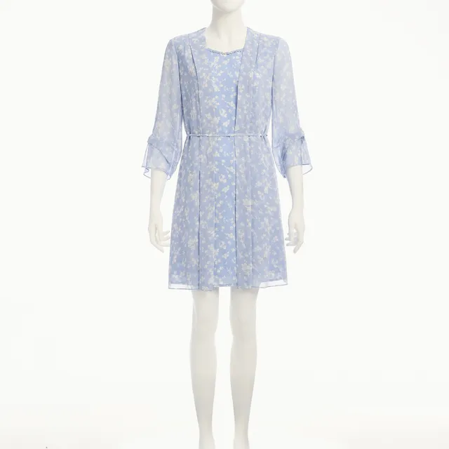 【ILEY 伊蕾】雪紡珠飾印花洋裝(淺藍；M-XL；1253077466)