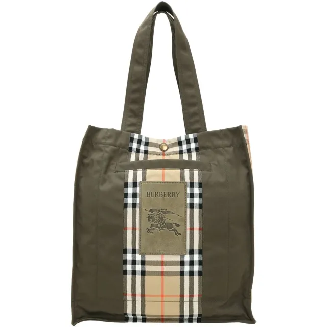 【BURBERRY 巴寶莉】Check 戰馬騎士麂皮徽標 格紋拼接帆布肩背托特包(軍綠)