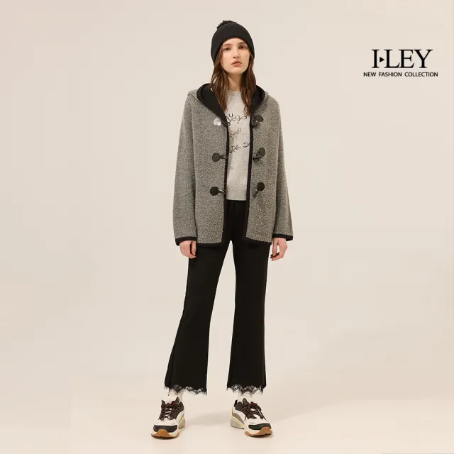 【ILEY 伊蕾】牛角釦連帽羊毛針織外套(灰；M-XL；1254405221)