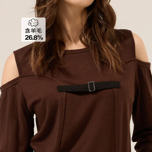 【ILEY 伊蕾】露肩袢帶活片造型綿羊毛上衣(深咖；M-XL；1253711609)