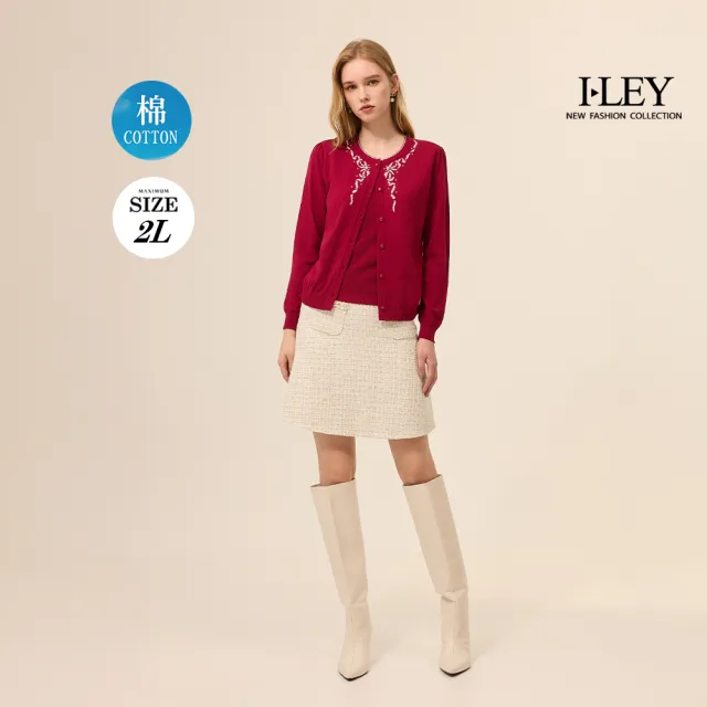 【ILEY 伊蕾】珍珠緹織棉質假兩件針織上衣(紅；M-2L；1254405423)