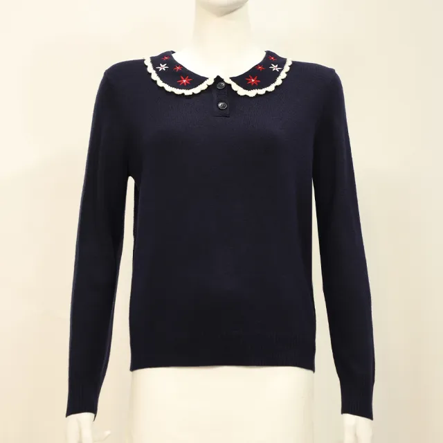 【ILEY 伊蕾】造型領羊毛針織上衣(深藍；M-2L；1254455002)