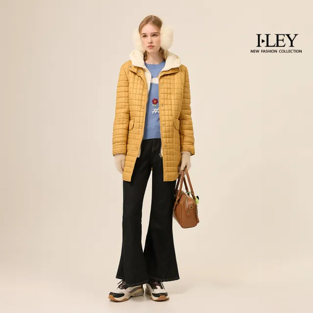 【ILEY 伊蕾】可拆帽華夫格紋長版鋪棉外套(黃；M-XL；1254314130)