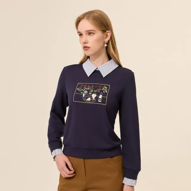 【ILEY 伊蕾】假兩件縲縈刺繡大學T(深藍;M-2L;1254561201)