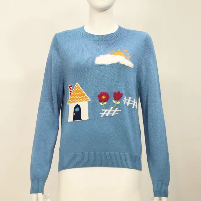 【ILEY 伊蕾】立體提織刺繡羊毛針織上衣(藍；M-XL；1254175010)