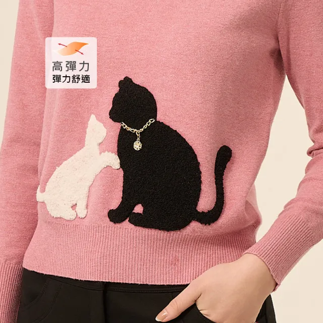 【ILEY 伊蕾】毛絨貓咪貼布繡縲縈針織上衣(粉；M-XL；1254475002)