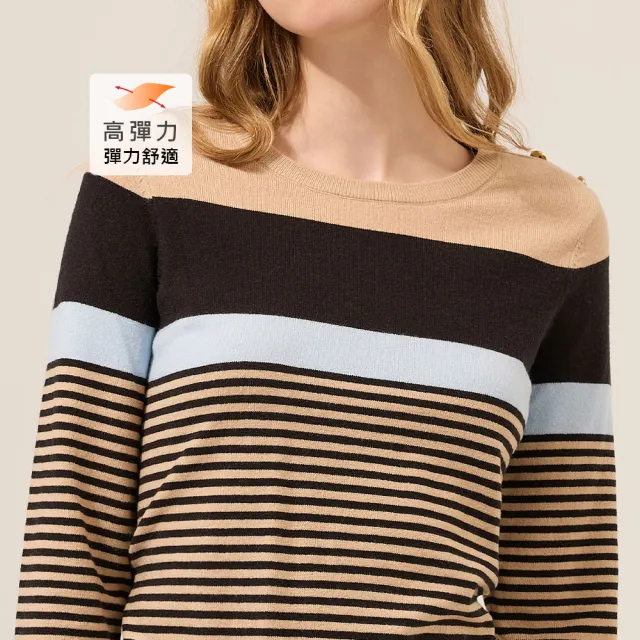 【ILEY 伊蕾】圓領肩飾釦縲縈條紋針織上衣(杏；M-XL；1254515021)