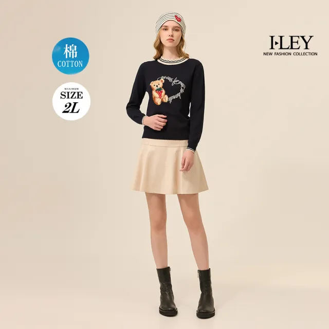 【ILEY 伊蕾】小熊緹花愛心棉質針織上衣(兩色；M-2L；1254405003)