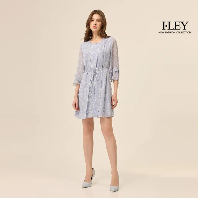【ILEY 伊蕾】收腰雪紡印花洋裝(淺藍；M-XL；1253077448)