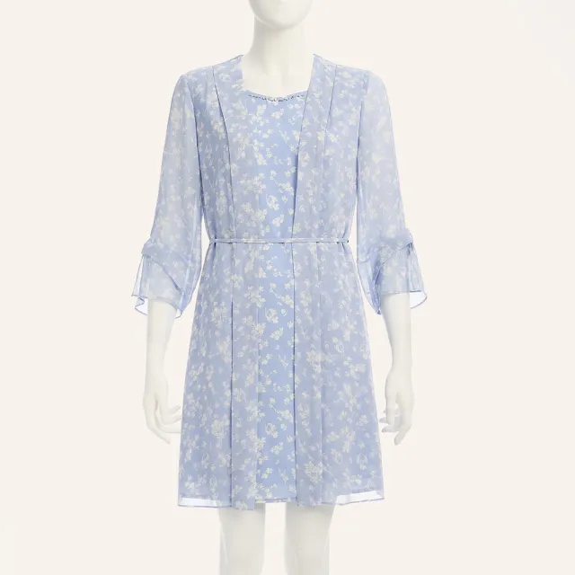 【ILEY 伊蕾】收腰雪紡印花洋裝(淺藍；M-XL；1253077448)