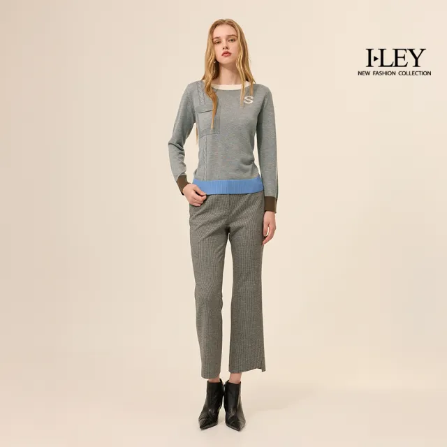 【ILEY 伊蕾】撞色羅紋包邊羊毛針織上衣(灰；M-XL；1254175007)