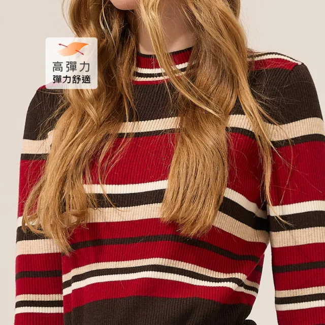 【ILEY 伊蕾】小高領條紋羊毛坑條針織上衣(紅；M-XL；1254375001)
