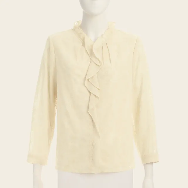 【ILEY 伊蕾】植絨宮廷印花荷葉雪紡襯衫(杏；M-XL；1253071102)