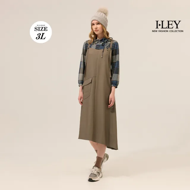 【ILEY 伊蕾】荷葉抽繩格紋微磨毛上衣(深咖；M-3L；1254011002)