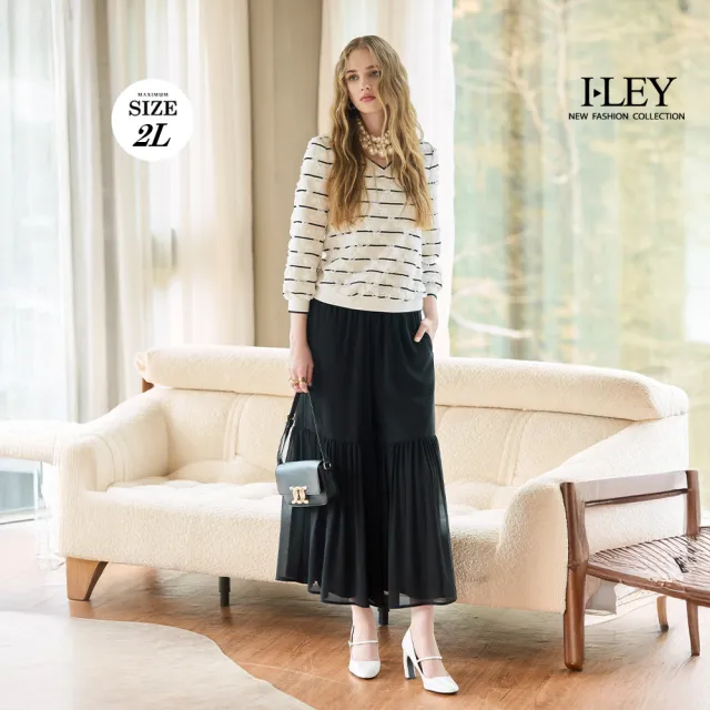 【ILEY 伊蕾】細摺剪接雪紡寬長褲裙(黑；M-2L；1253016708)